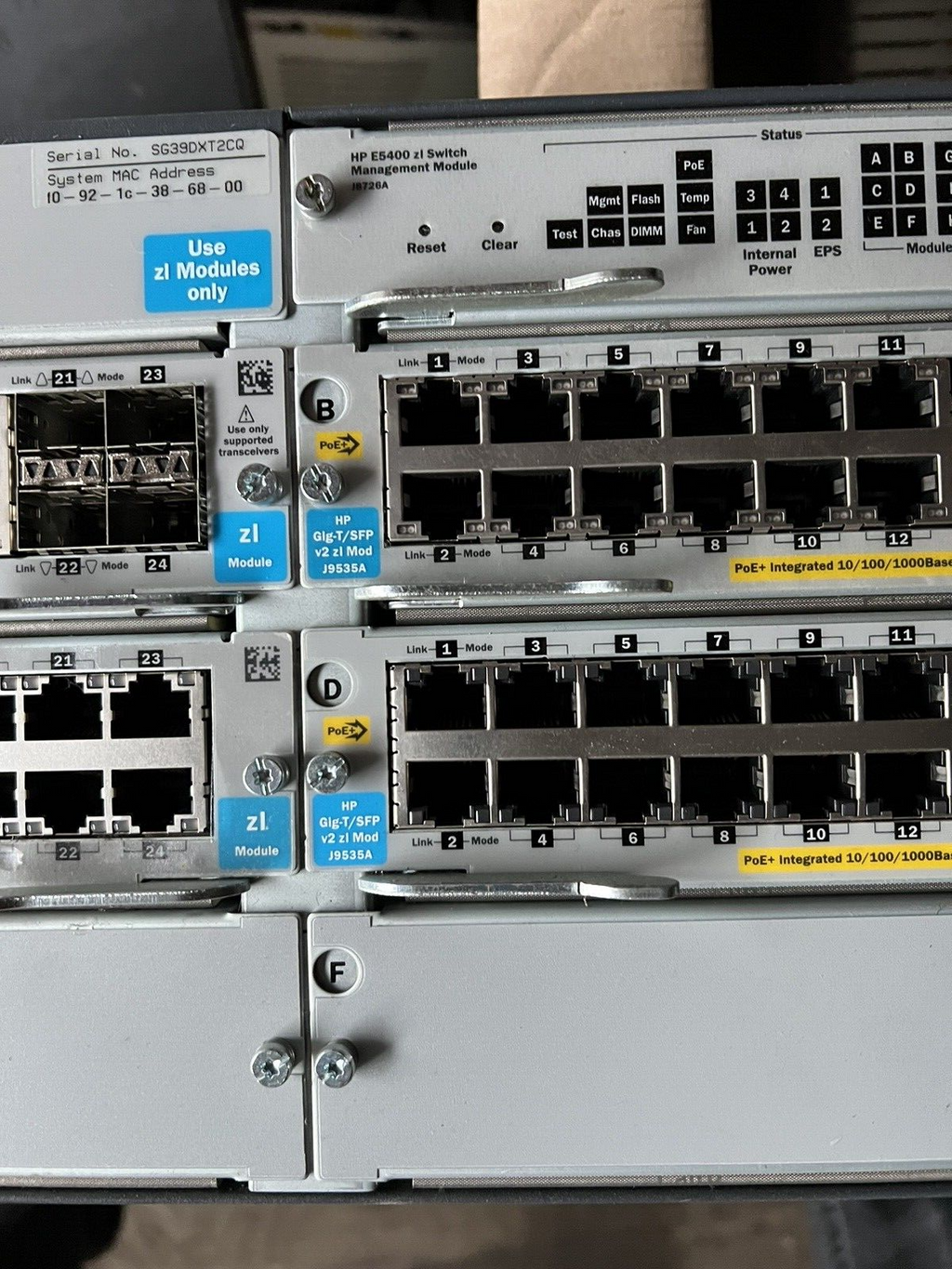 HP E5406 ZL J8697A Gigabit Ethernet Network Switch J9535A X3 + J9534A X12